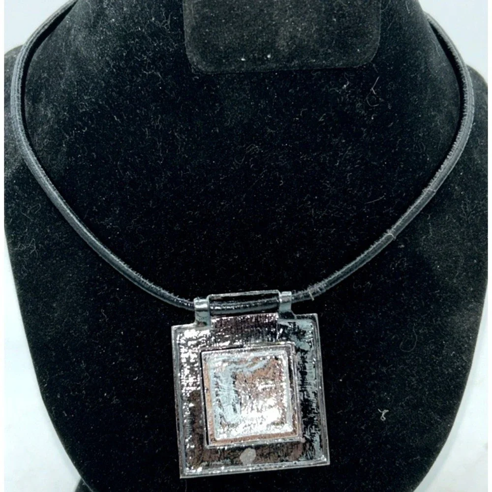Aztec Pendant Necklace Square Tribal Geometric Cracked Leather Costume MCM‎ 31